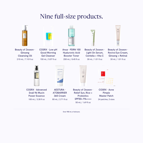 Nine skincare bottles and one carton arranged in two rows on a pale ground, each labelled with its name and size.