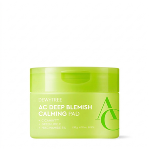 DEWYTREE AC Deep Blemish Calming Pad 80ea — niacinamide toner-pad jar. Calms breakouts as the hero treat step.