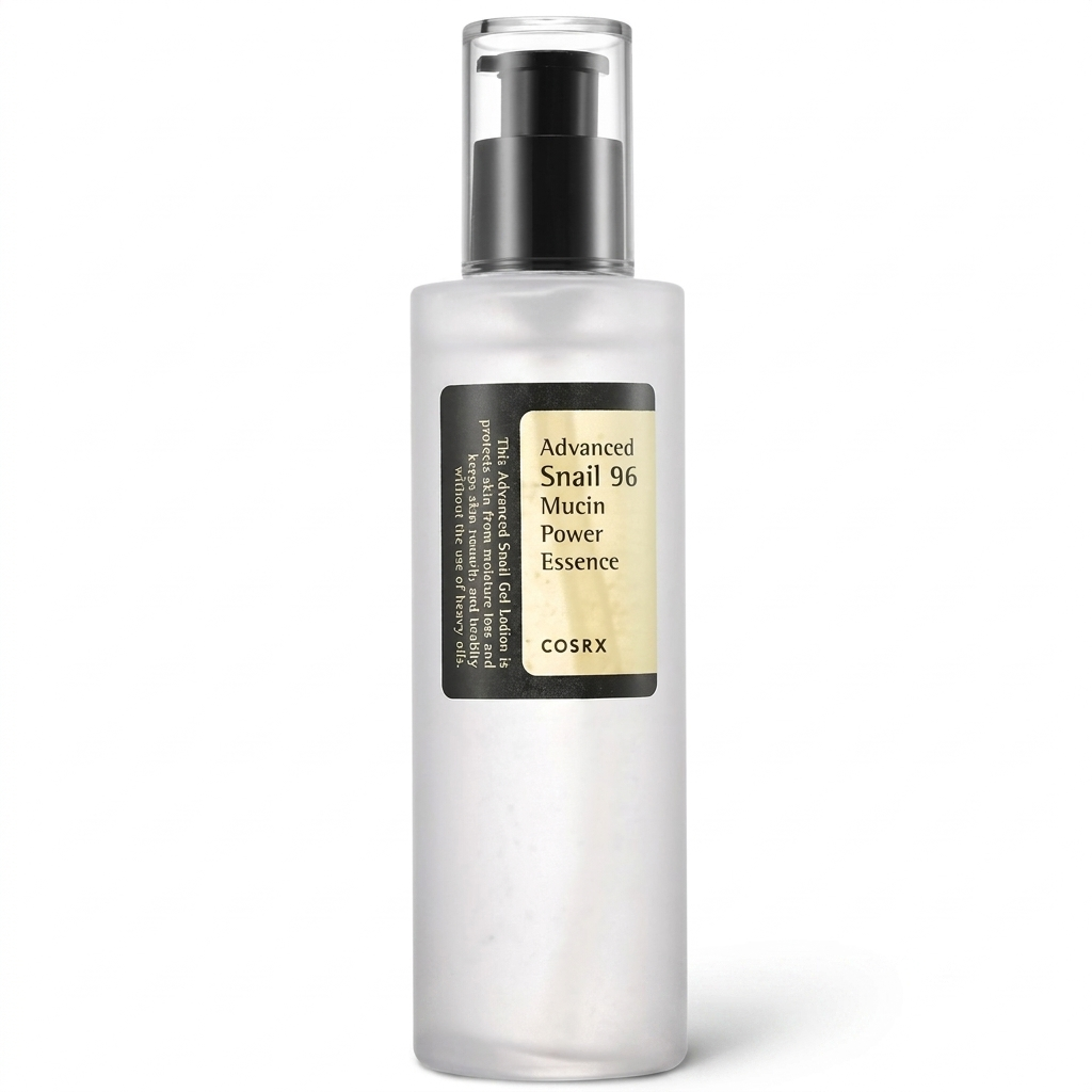 COSRX Advanced Snail 96 Mucin Power Essence — clear essence bottle. Plumps and hydrates as the hero treat step.