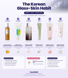Korean Hydration Glass-Skin Bundle — one hydration habit for plump, dewy glass skin. Cleansing oil, gel cleanser, black rice toner, Light On serum, red bean water gel, SPF50+.