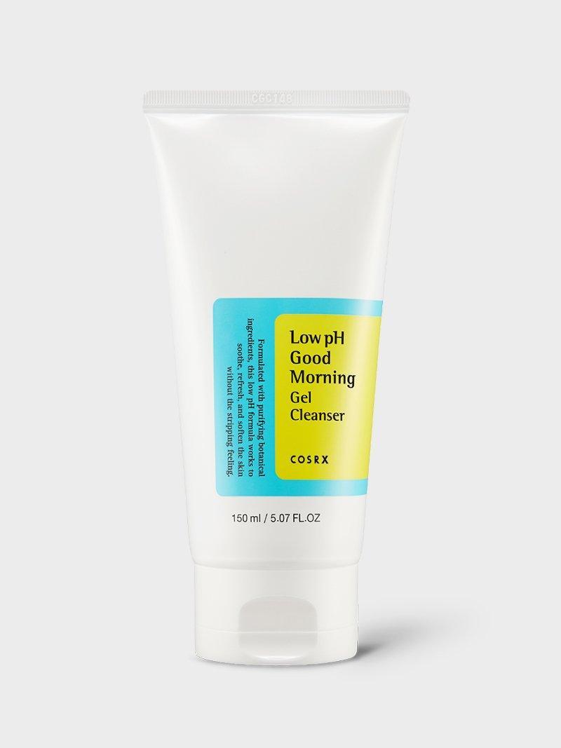 COSRX Low pH Good Morning Gel Cleanser — green gel-cleanser tube. Cleanses at your skin's own pH and keeps pores clear.