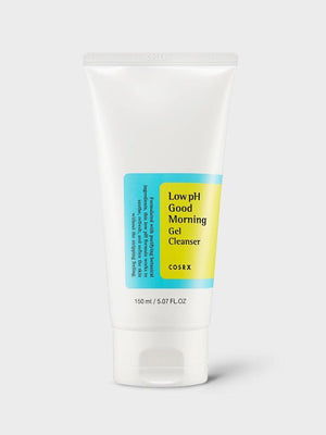 COSRX Low pH Good Morning Gel Cleanser — green gel-cleanser tube. Gently cleanses at skin's own pH.