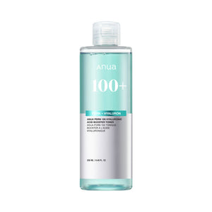 Anua PDRN Hyaluronic Acid Booster Toner — tall clear toner bottle. Floods skin with lightweight, firming hydration.