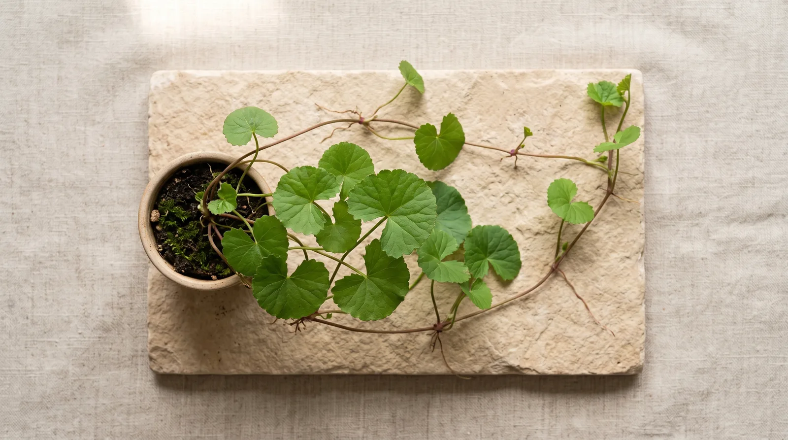 Fresh Centella asiatica fan-shaped leaf resting on warm Hanji paper with soft daylight