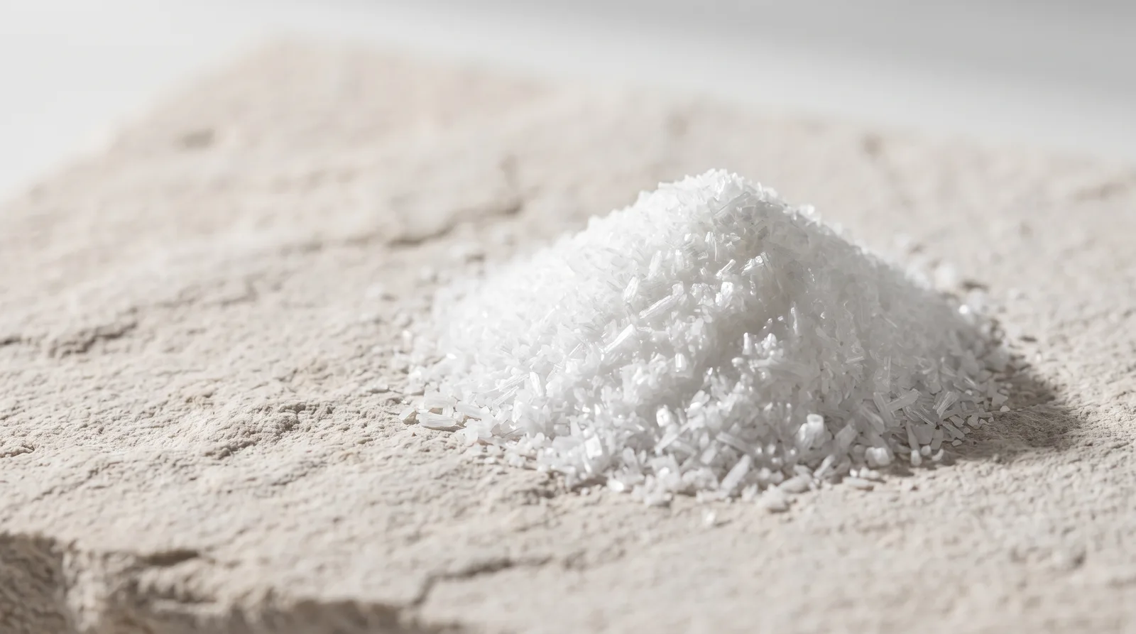 Pile of fine white Ectoin crystals on a raw pale limestone plate