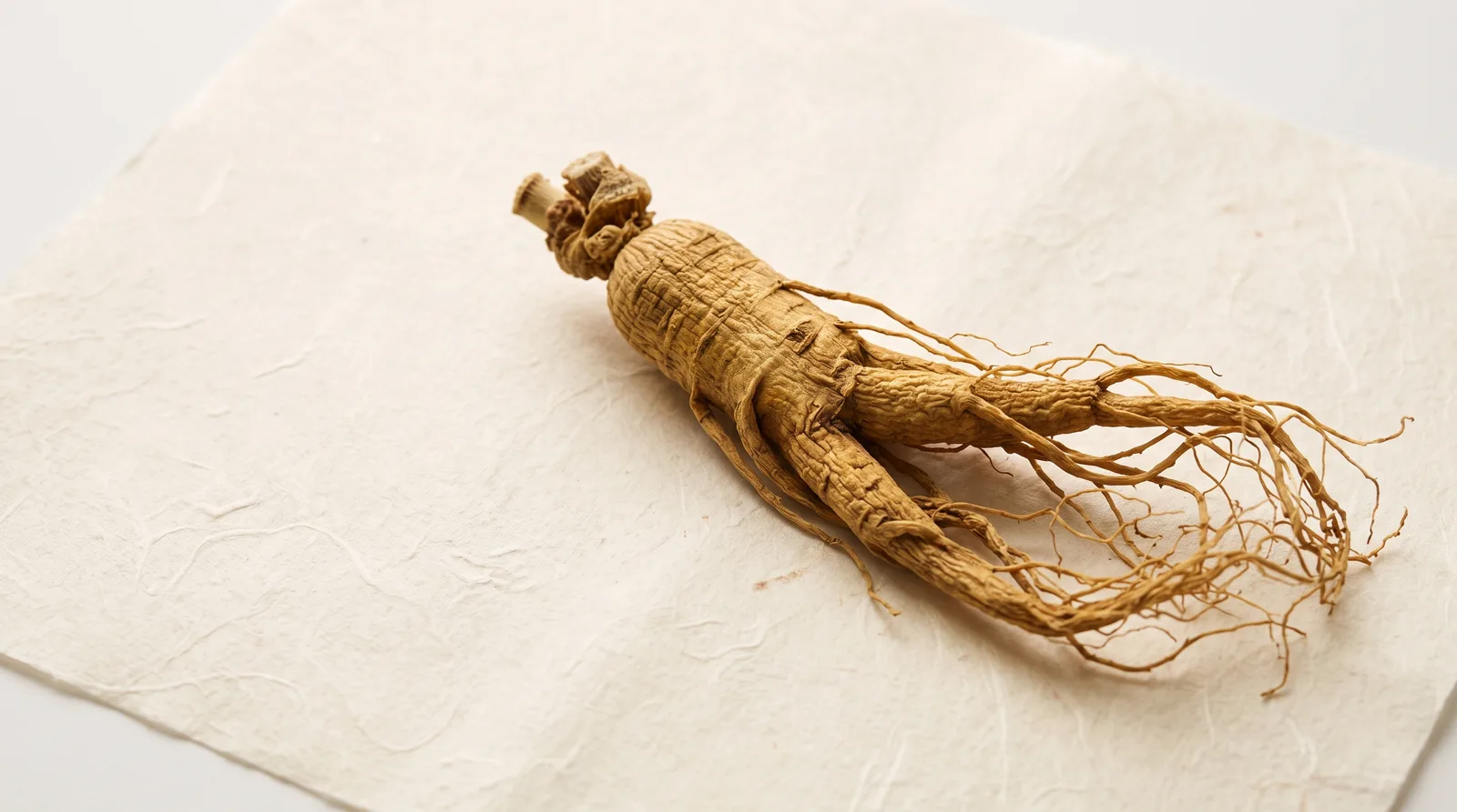 Panax ginseng root and leaf resting on warm Hanji paper with soft daylight