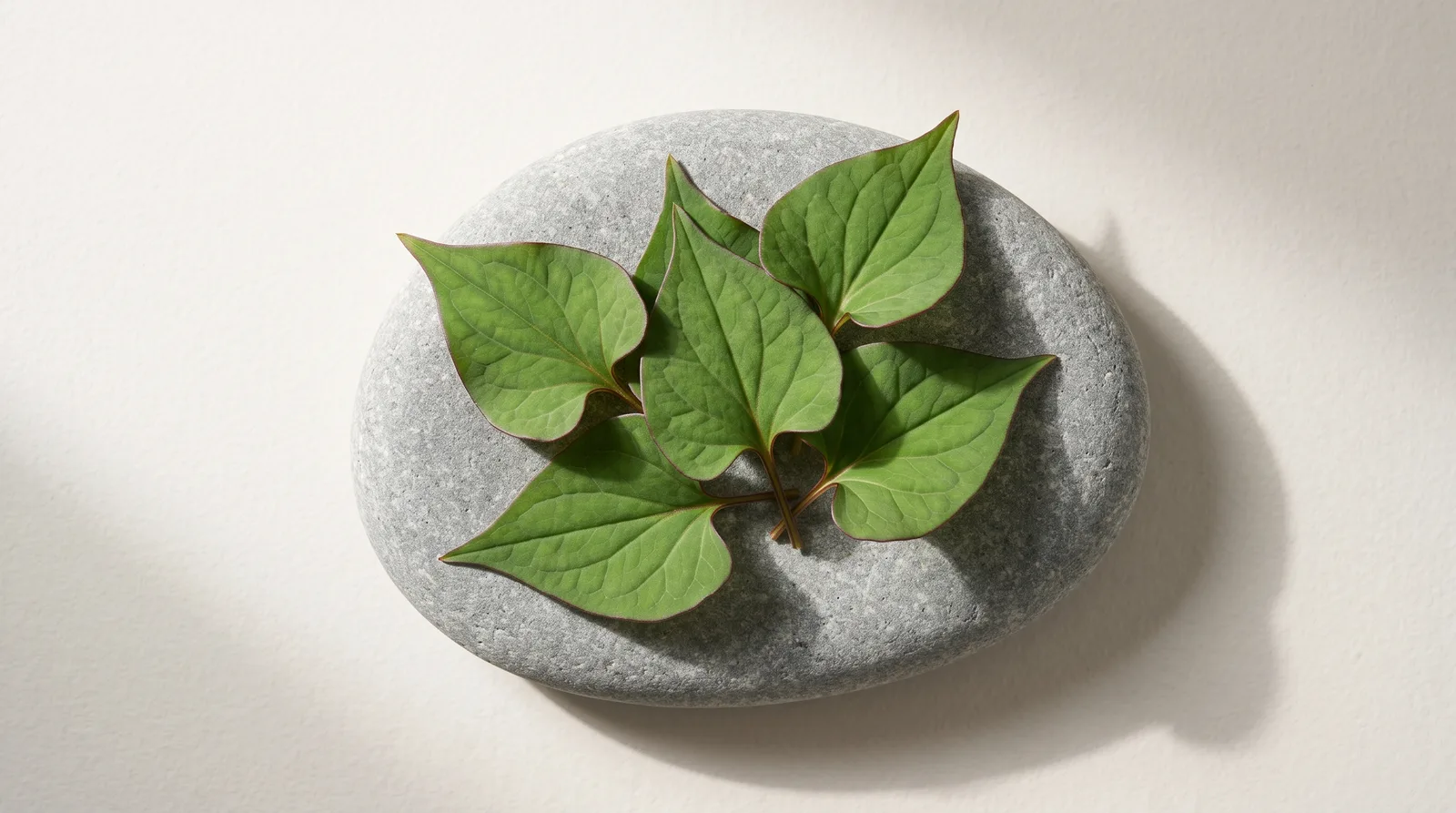 Heart-shaped Houttuynia cordata leaves with reddish-purple edges resting on a river-washed grey stone plate