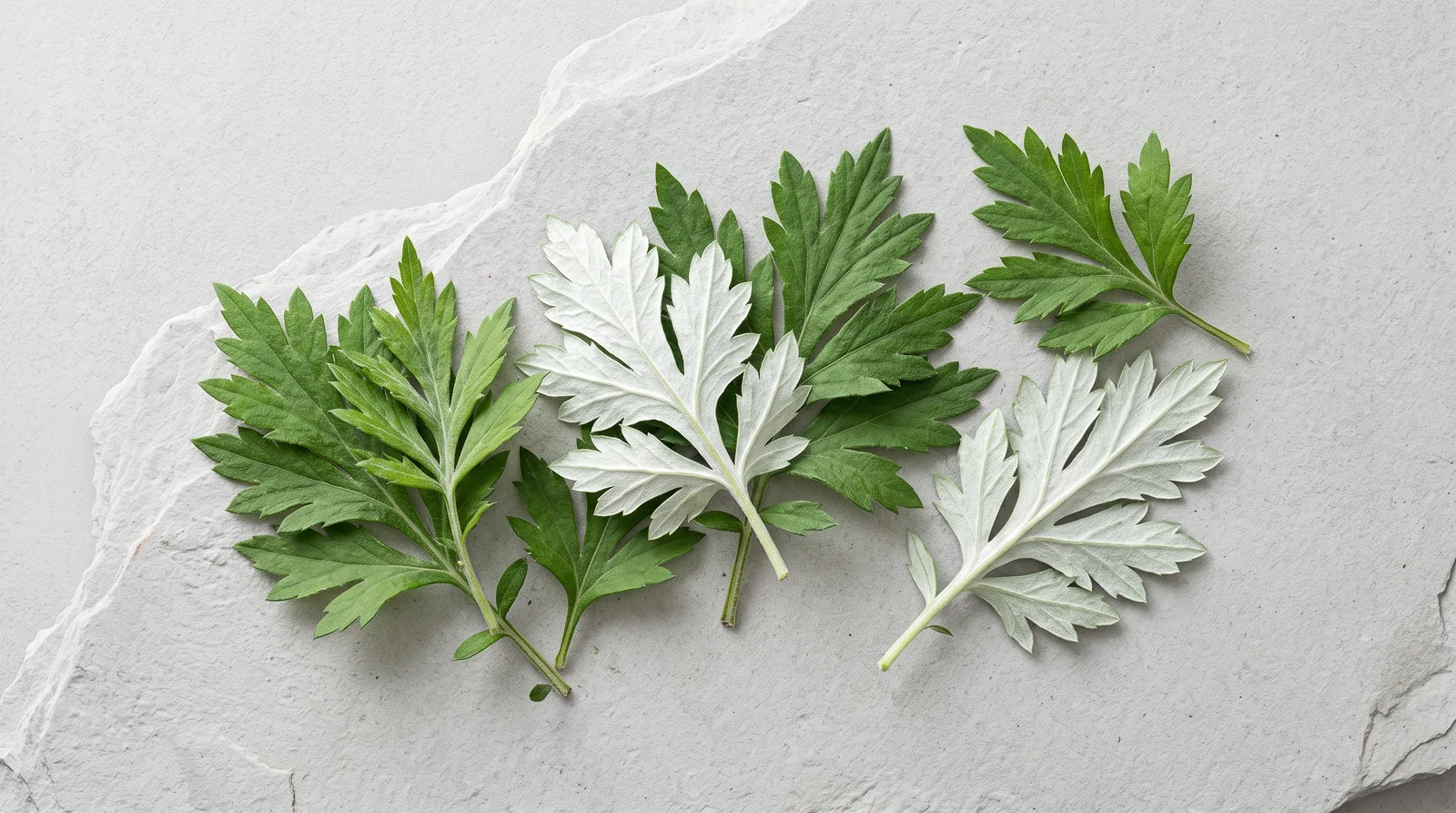 Mugwort leaf resting on warm Hanji paper with soft daylight