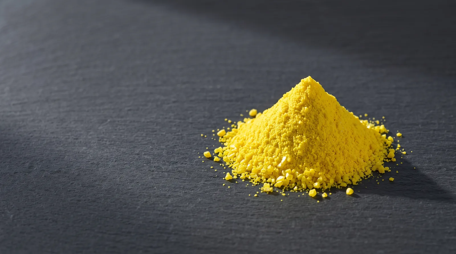 Pile of vivid canary-yellow Retinaldehyde crystalline powder on dark charcoal slate