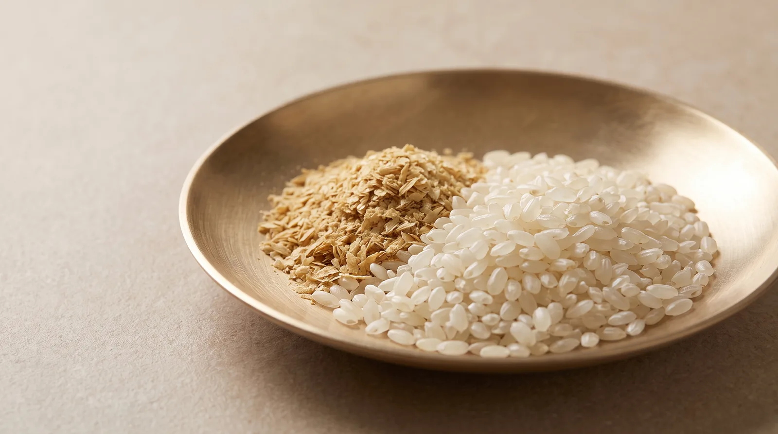 Rice grains and rice water resting on warm Hanji paper with soft daylight