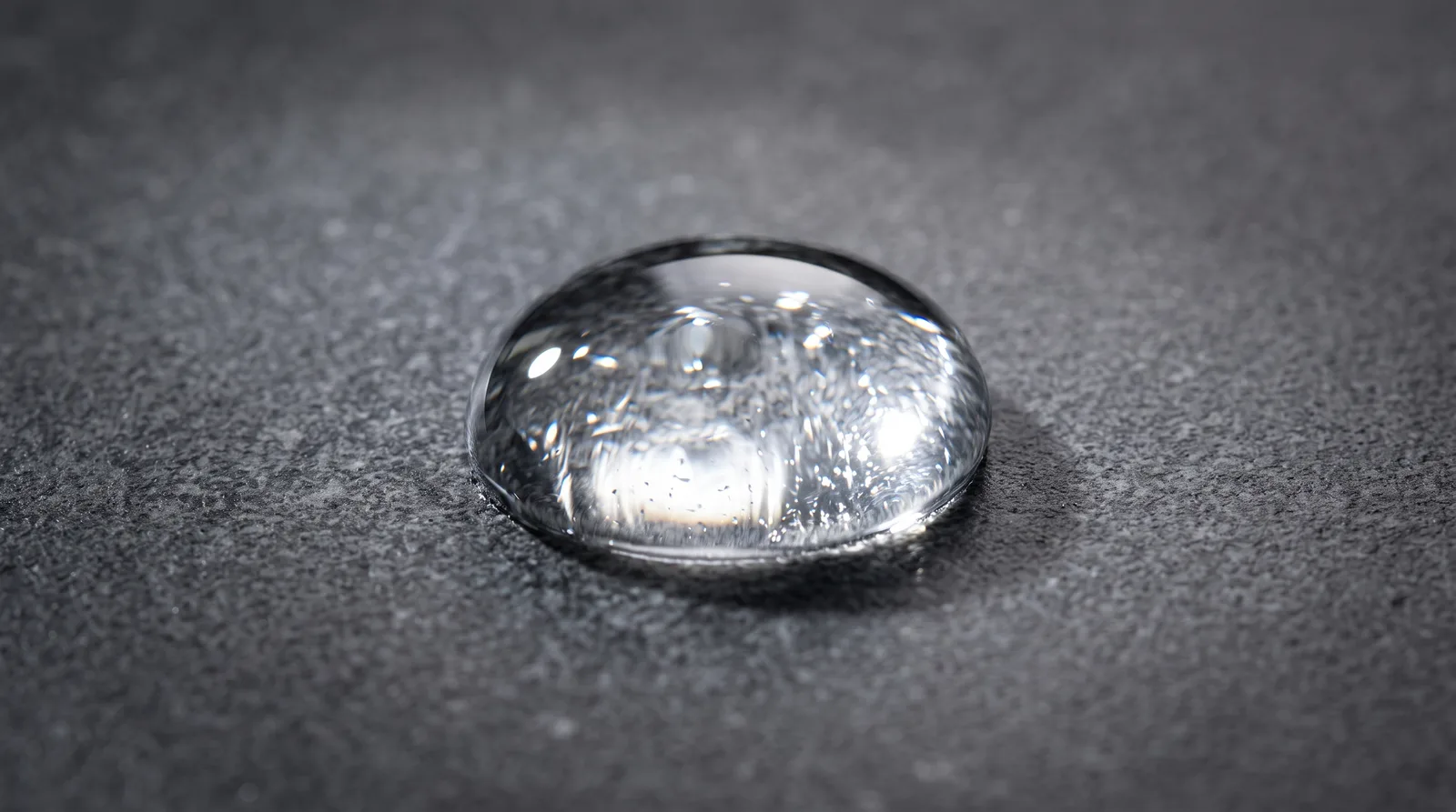 Clear viscous droplet of Snail Secretion Filtrate resting on dark grey granite with soft directional light