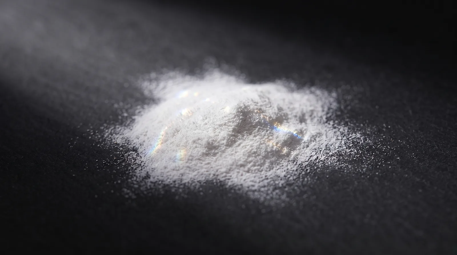 Fine white velvety Hydrolyzed Sponge spicule powder catching light on dark basalt